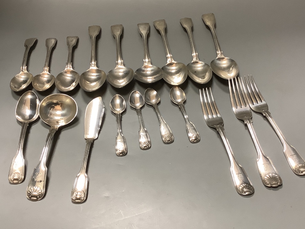 A part service of Georgian and later silver fiddle, thread and shell pattern flatware, approx 41oz